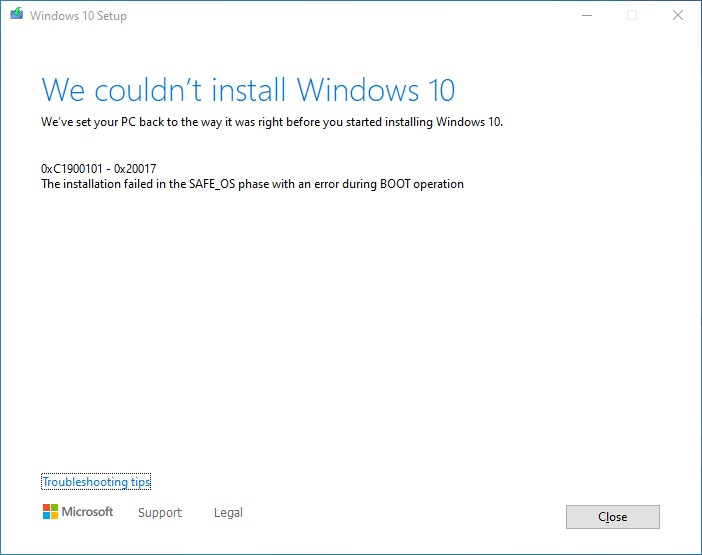 Windows 10 setup dialog