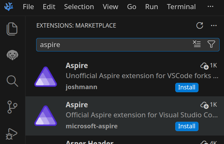 VSCodium showing Aspire extensions
